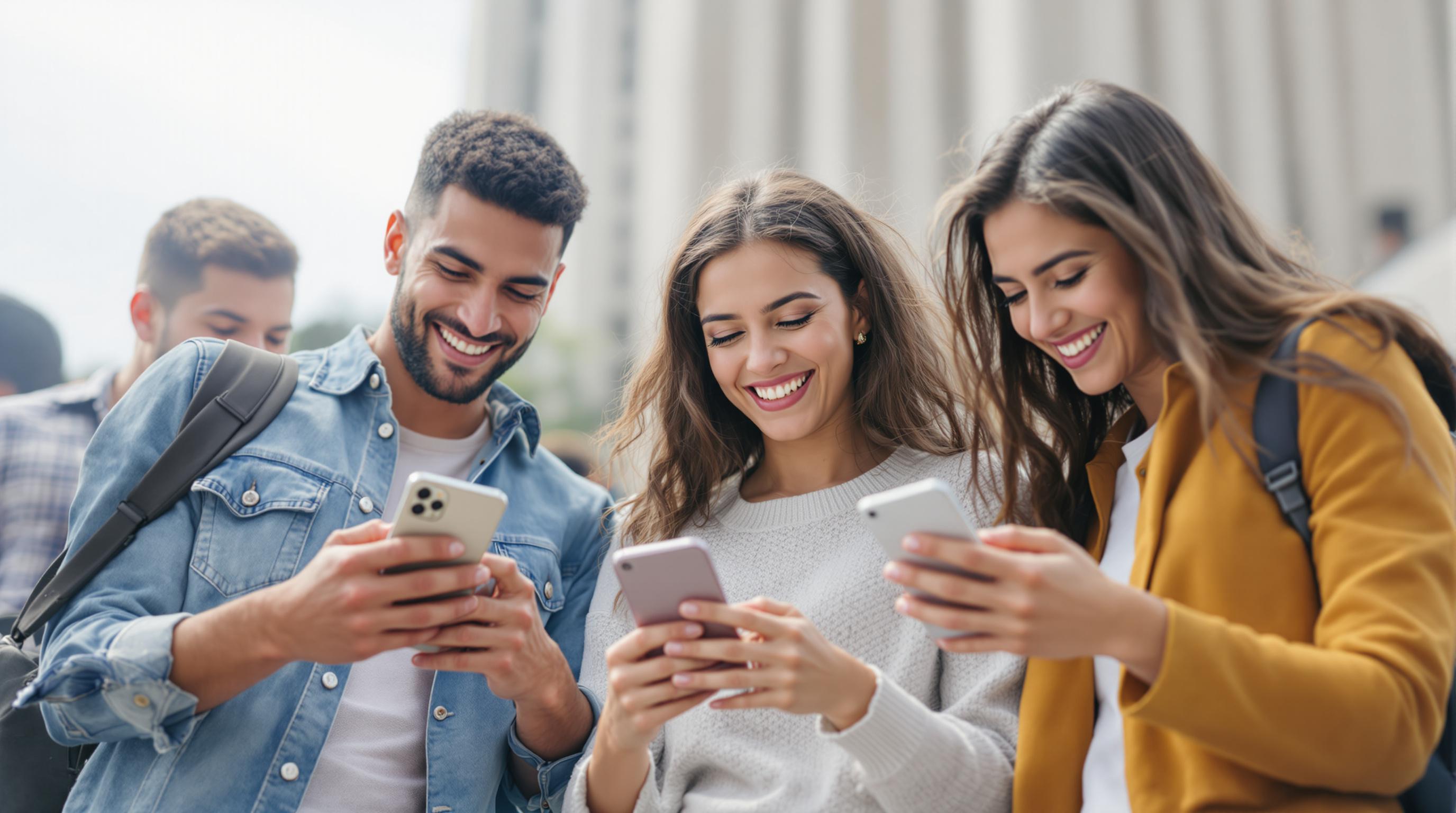 Jóvenes sonrientes usando celulares desbloqueados en Ciudad de México