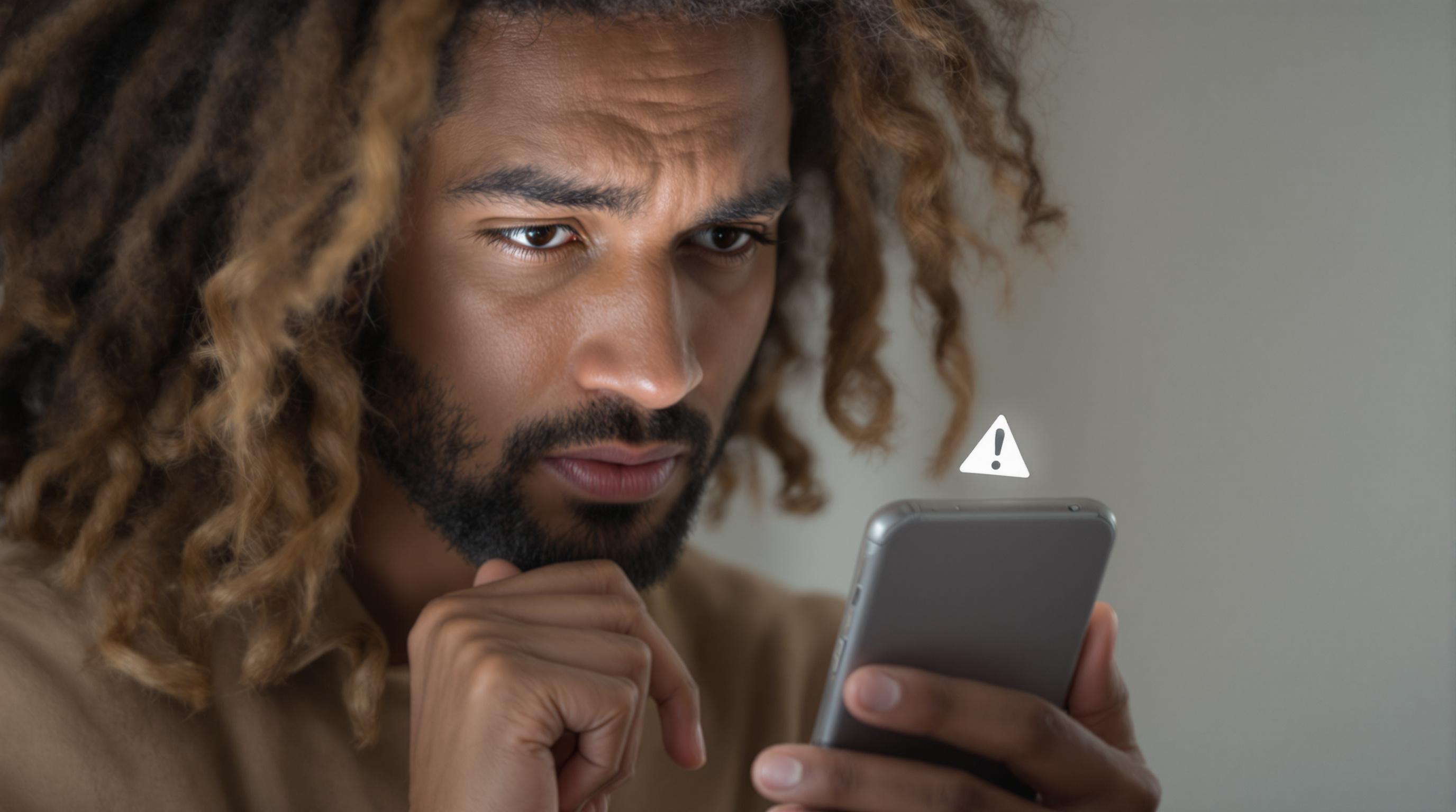 Persona pensativa mirando celular con icono de error